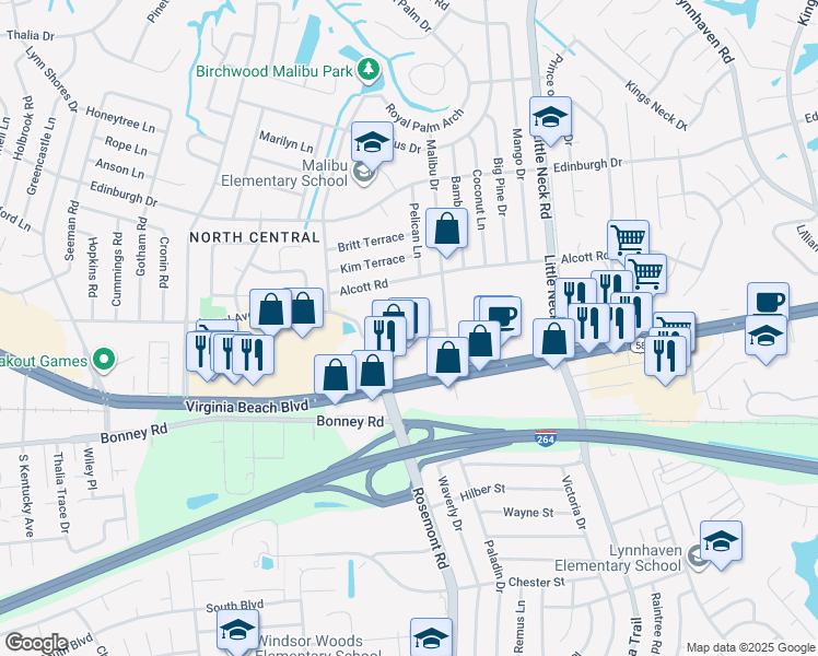 map of restaurants, bars, coffee shops, grocery stores, and more near 3600 Malibu Palms Drive in Virginia Beach