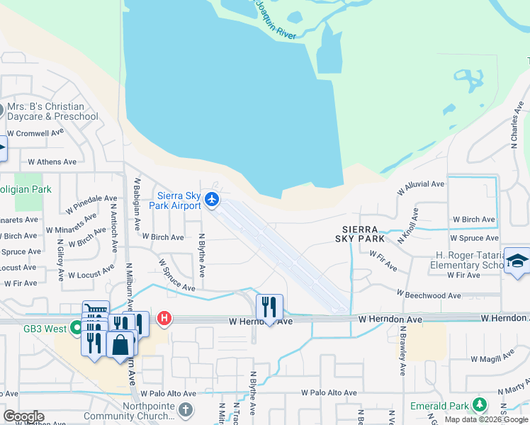 map of restaurants, bars, coffee shops, grocery stores, and more near 7360 North McCampbell Drive in Fresno