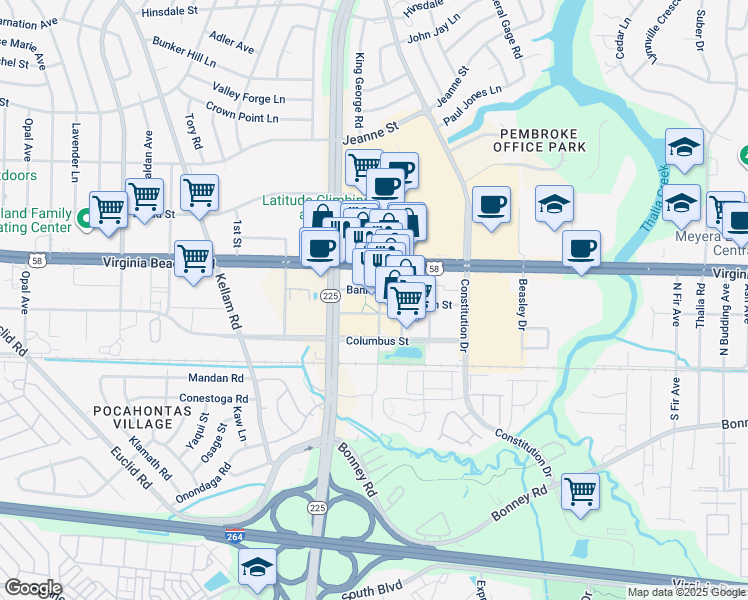 map of restaurants, bars, coffee shops, grocery stores, and more near 4565 Virginia Beach Boulevard in Virginia Beach
