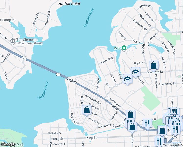 map of restaurants, bars, coffee shops, grocery stores, and more near 231 Riverside Drive in Portsmouth