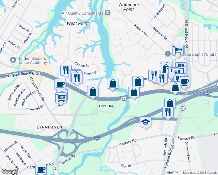 map of restaurants, bars, coffee shops, grocery stores, and more near 2565 Oconee Avenue in Virginia Beach