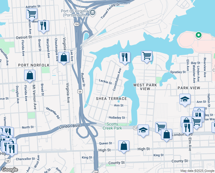 map of restaurants, bars, coffee shops, grocery stores, and more near 204 Idlewood Avenue in Portsmouth