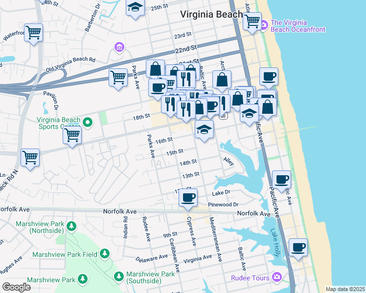 map of restaurants, bars, coffee shops, grocery stores, and more near 611 15th Street in Virginia Beach