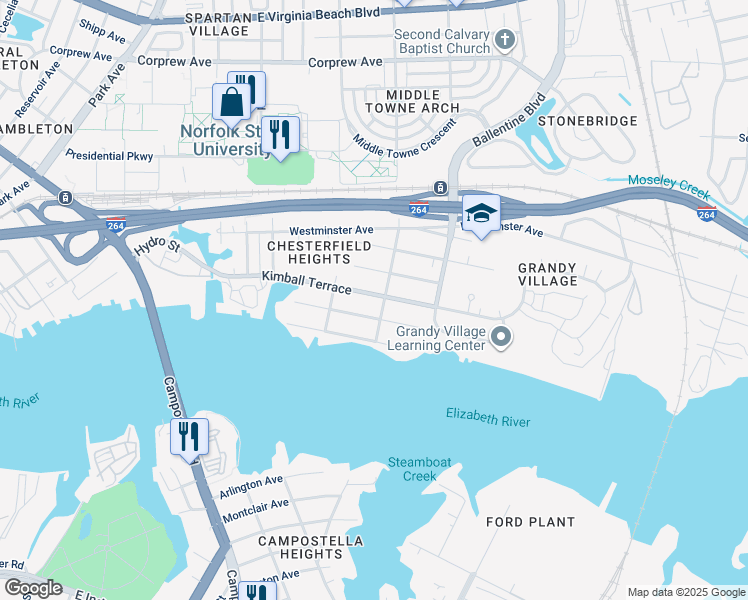 map of restaurants, bars, coffee shops, grocery stores, and more near 2727 Kimball Terrace in Norfolk