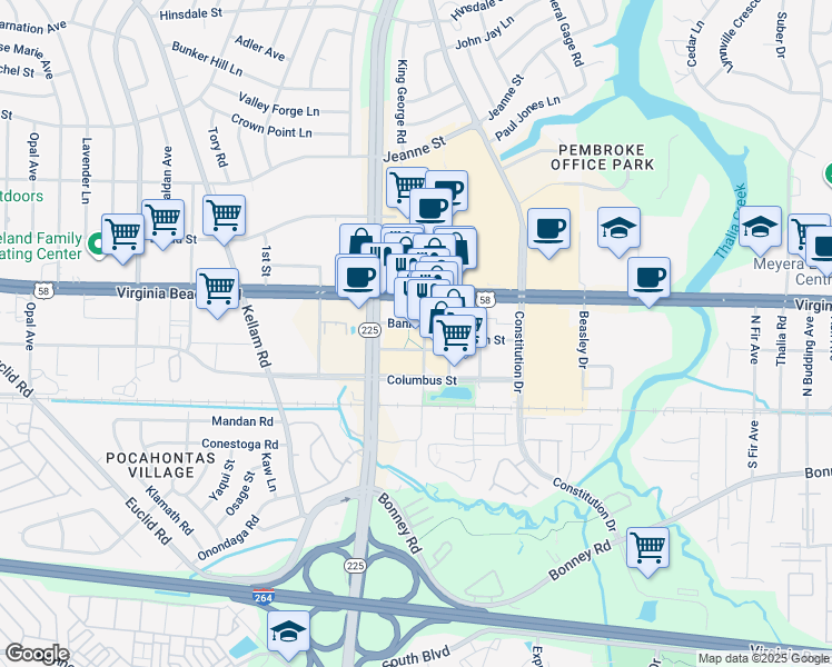 map of restaurants, bars, coffee shops, grocery stores, and more near 221 Market Street in Virginia Beach