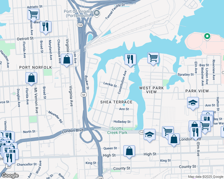 map of restaurants, bars, coffee shops, grocery stores, and more near 204 Idlewood Avenue in Portsmouth