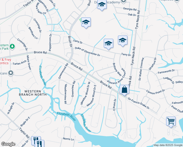 map of restaurants, bars, coffee shops, grocery stores, and more near 2900 Prince of Wales Drive in Chesapeake