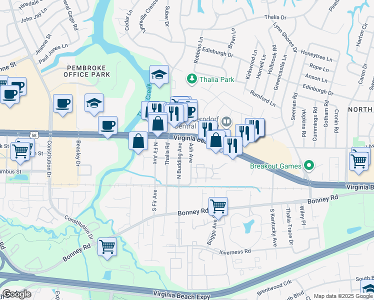 map of restaurants, bars, coffee shops, grocery stores, and more near 69 Ash Avenue in Virginia Beach