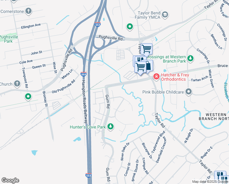 map of restaurants, bars, coffee shops, grocery stores, and more near 3005 Duck Blind Trail in Chesapeake