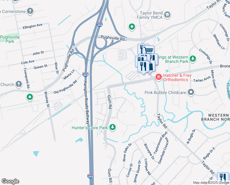 map of restaurants, bars, coffee shops, grocery stores, and more near 3005 Duck Blind Trail in Chesapeake
