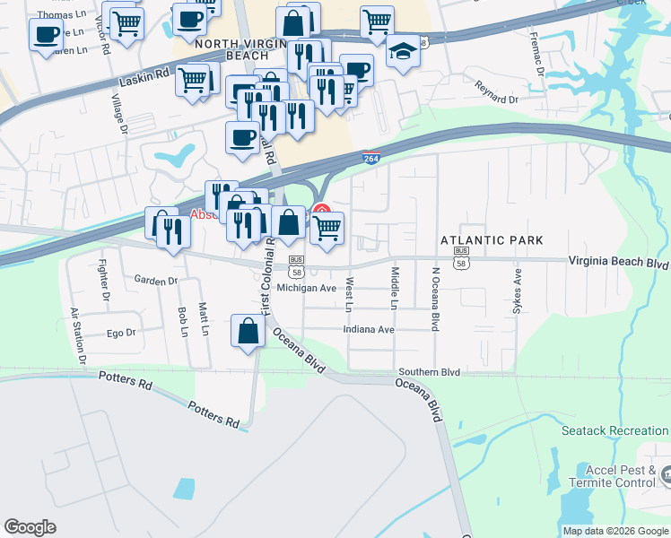 map of restaurants, bars, coffee shops, grocery stores, and more near Studio Drive in Virginia Beach