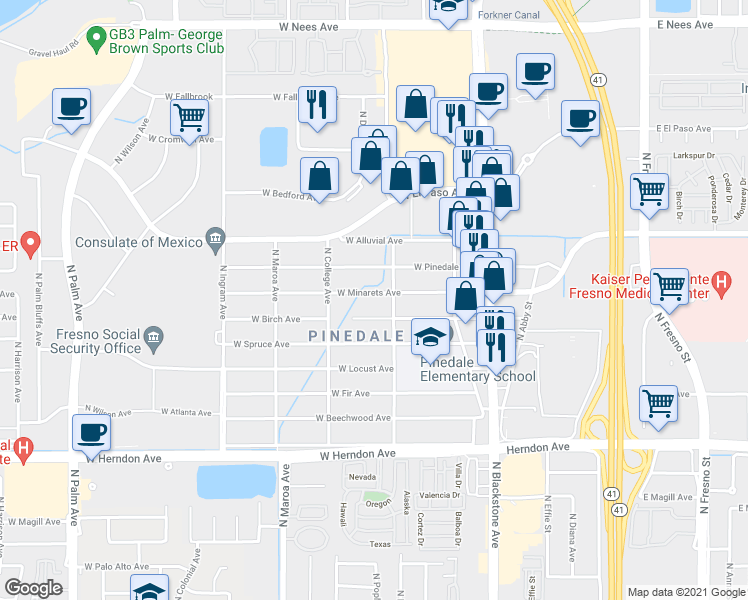 map of restaurants, bars, coffee shops, grocery stores, and more near 229 West Minarets Avenue in Fresno