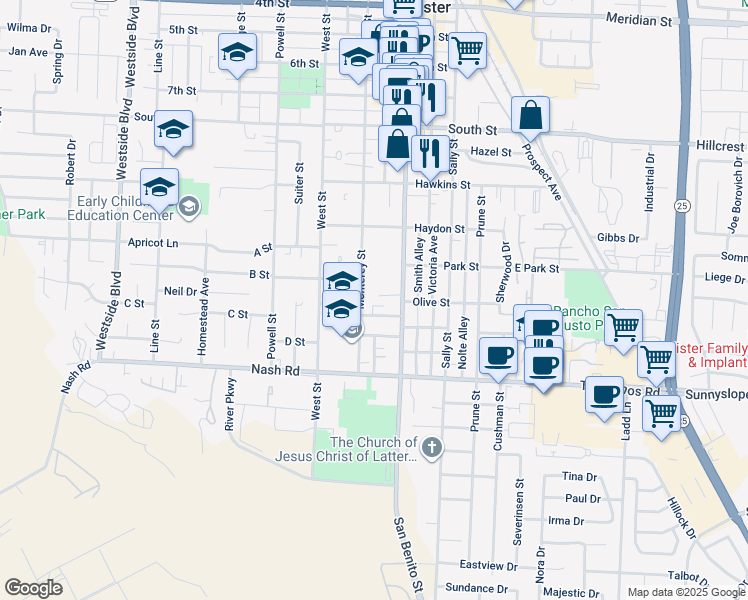 map of restaurants, bars, coffee shops, grocery stores, and more near 1125 Monterey Street in Hollister