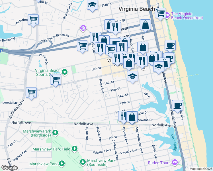 map of restaurants, bars, coffee shops, grocery stores, and more near 721 16th Street in Virginia Beach