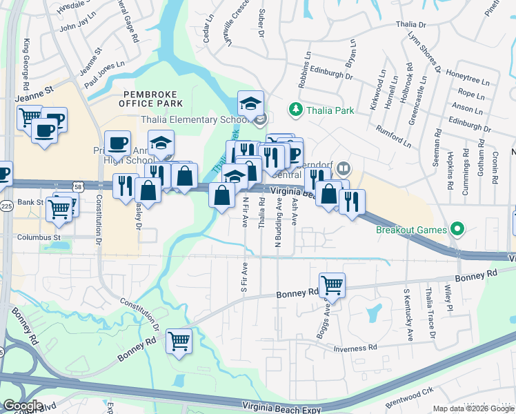 map of restaurants, bars, coffee shops, grocery stores, and more near 4317 Virginia Beach Boulevard in Virginia Beach