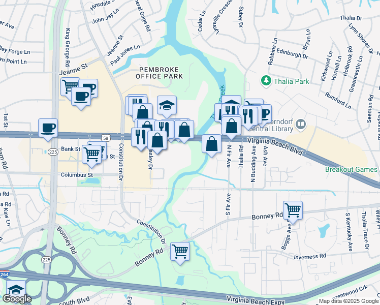 map of restaurants, bars, coffee shops, grocery stores, and more near 4381 Virginia Beach Boulevard in Virginia Beach
