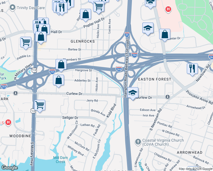 map of restaurants, bars, coffee shops, grocery stores, and more near 5960 Adderley Street in Norfolk