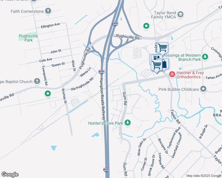 map of restaurants, bars, coffee shops, grocery stores, and more near 4614 Old Fox Trail in Chesapeake