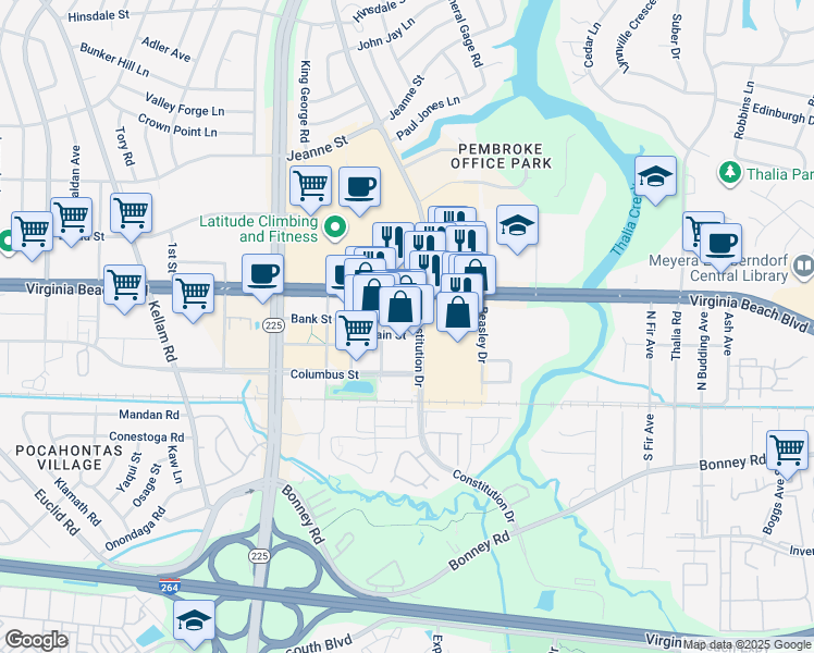 map of restaurants, bars, coffee shops, grocery stores, and more near 294 Constitution Drive in Virginia Beach