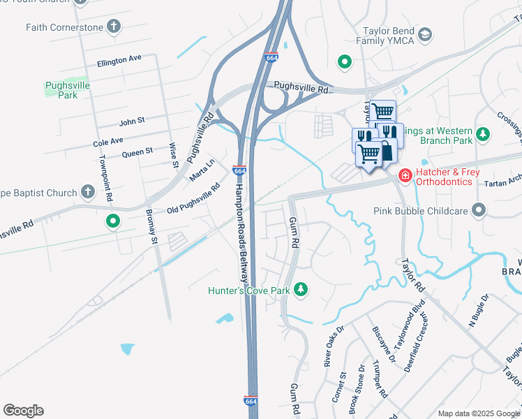 map of restaurants, bars, coffee shops, grocery stores, and more near 4614 Old Fox Trail in Chesapeake