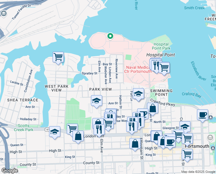 map of restaurants, bars, coffee shops, grocery stores, and more near 142 Webster Avenue in Portsmouth