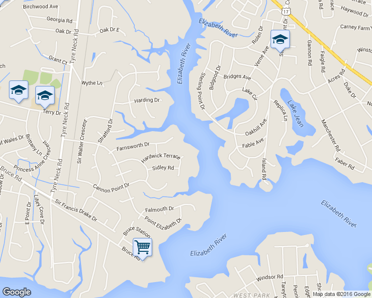 map of restaurants, bars, coffee shops, grocery stores, and more near 3723 Hardwick Terrace in Chesapeake