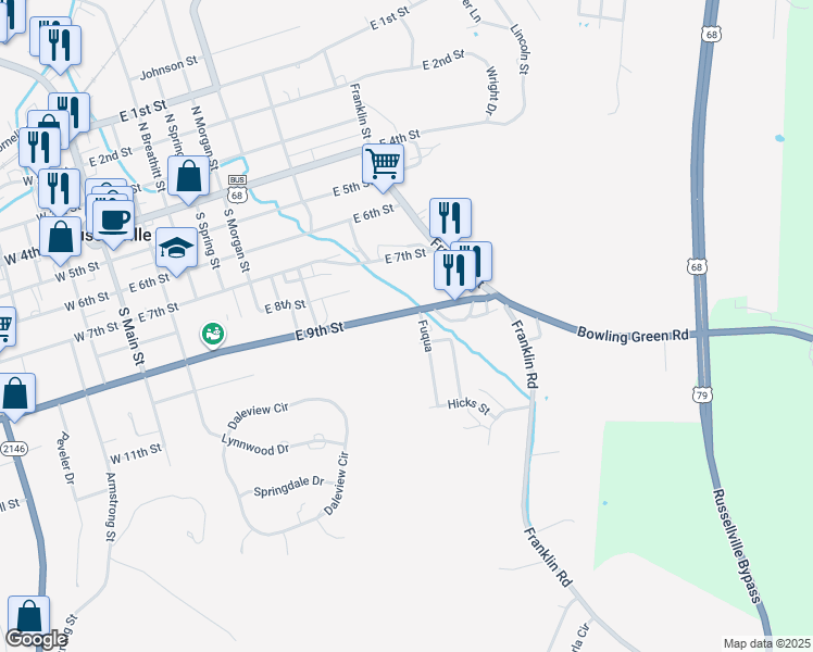 map of restaurants, bars, coffee shops, grocery stores, and more near 335 East 9th Street in Russellville