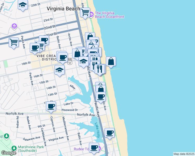 map of restaurants, bars, coffee shops, grocery stores, and more near 1312 Atlantic Avenue in Virginia Beach