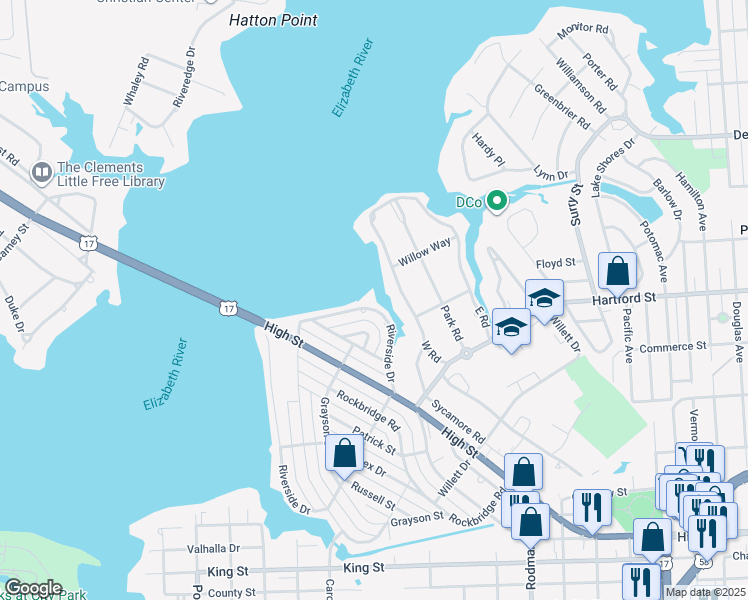 map of restaurants, bars, coffee shops, grocery stores, and more near 231 Riverside Drive in Portsmouth