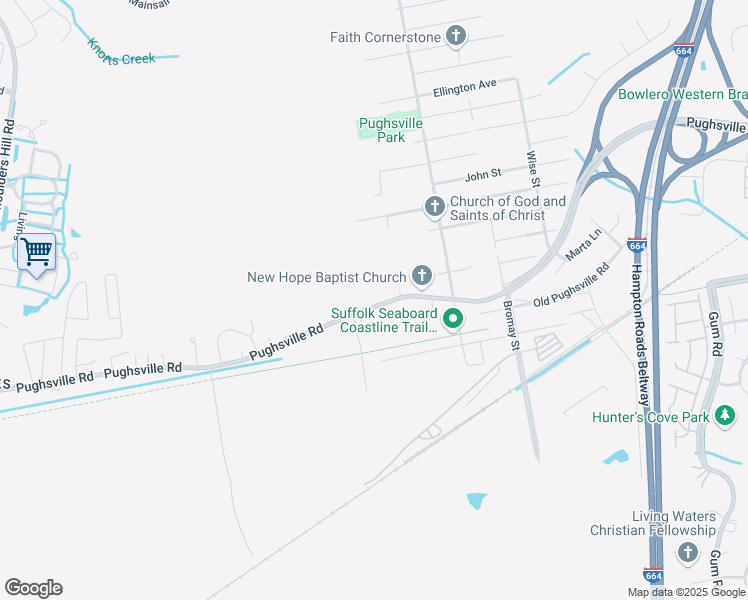 map of restaurants, bars, coffee shops, grocery stores, and more near 4198 Pughsville Road in Suffolk