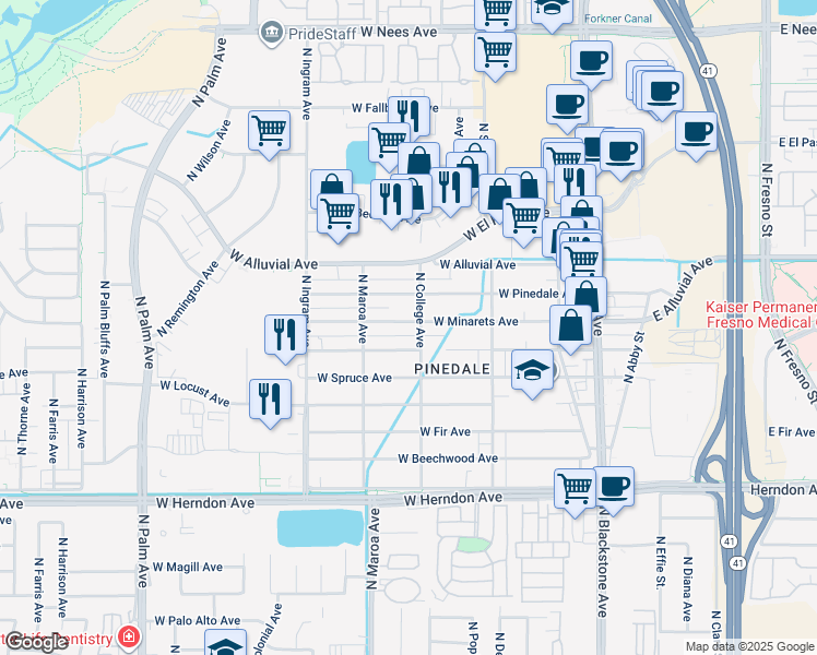 map of restaurants, bars, coffee shops, grocery stores, and more near 7315 North College Avenue in Fresno