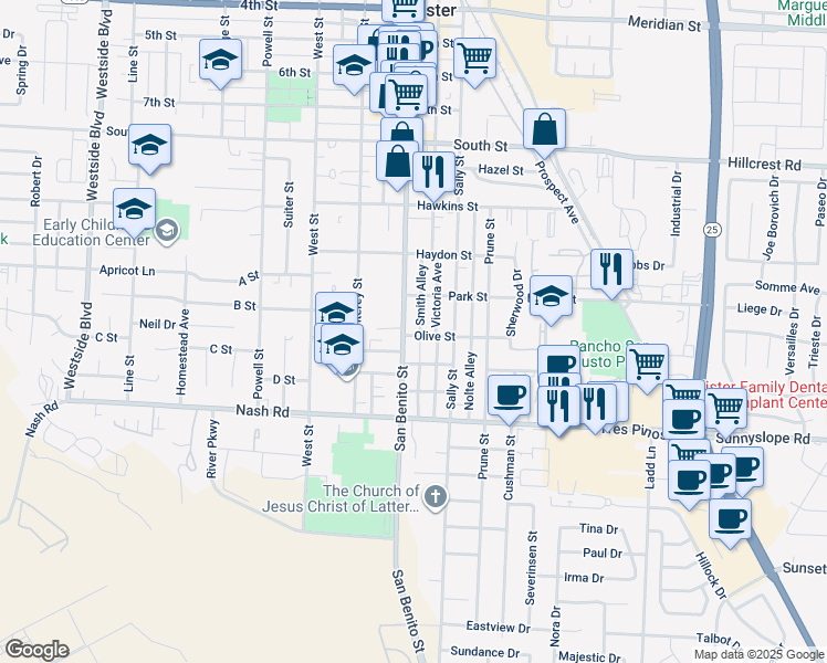 map of restaurants, bars, coffee shops, grocery stores, and more near 1179 San Benito Street in Hollister
