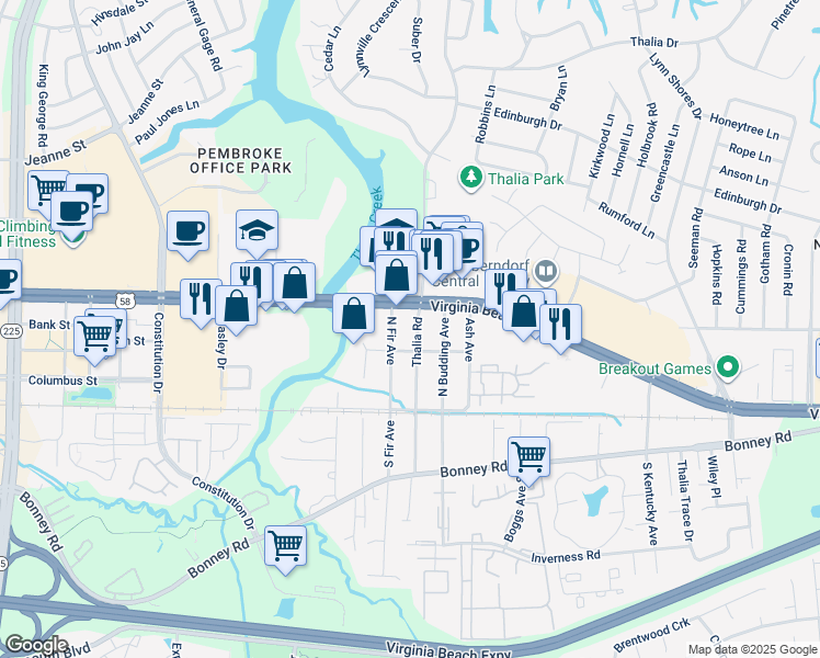 map of restaurants, bars, coffee shops, grocery stores, and more near 4317 Virginia Beach Boulevard in Virginia Beach