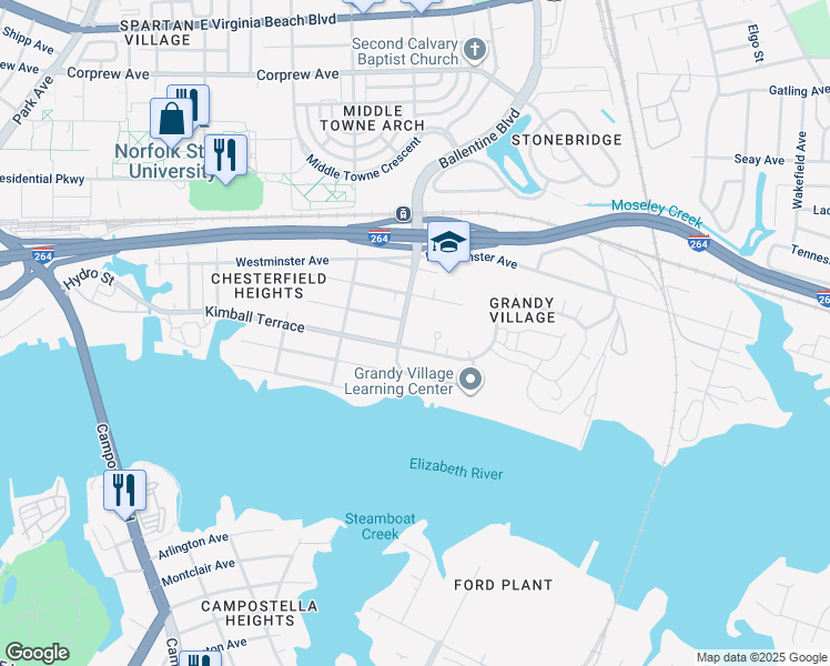map of restaurants, bars, coffee shops, grocery stores, and more near 704 Ballentine Boulevard in Norfolk