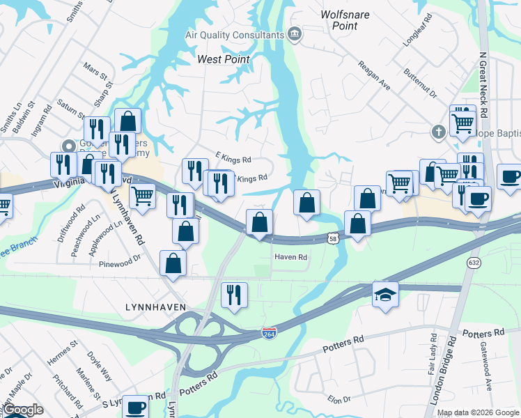 map of restaurants, bars, coffee shops, grocery stores, and more near 355 Colony Pines Court in Virginia Beach