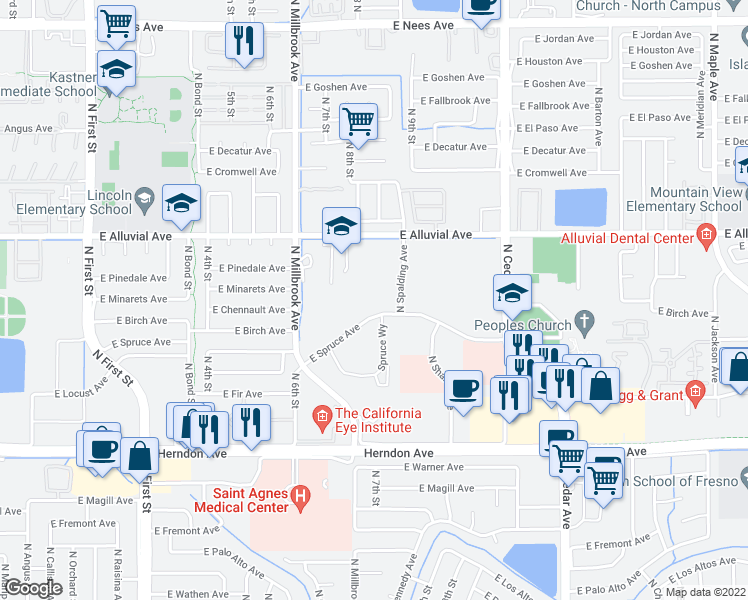 map of restaurants, bars, coffee shops, grocery stores, and more near 1100 East Spruce Avenue in Fresno