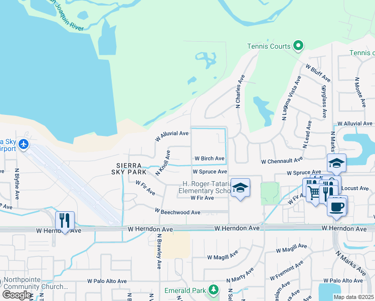 map of restaurants, bars, coffee shops, grocery stores, and more near 3687 West Minarets Avenue in Fresno