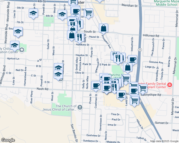 map of restaurants, bars, coffee shops, grocery stores, and more near 1136 Prune Street in Hollister