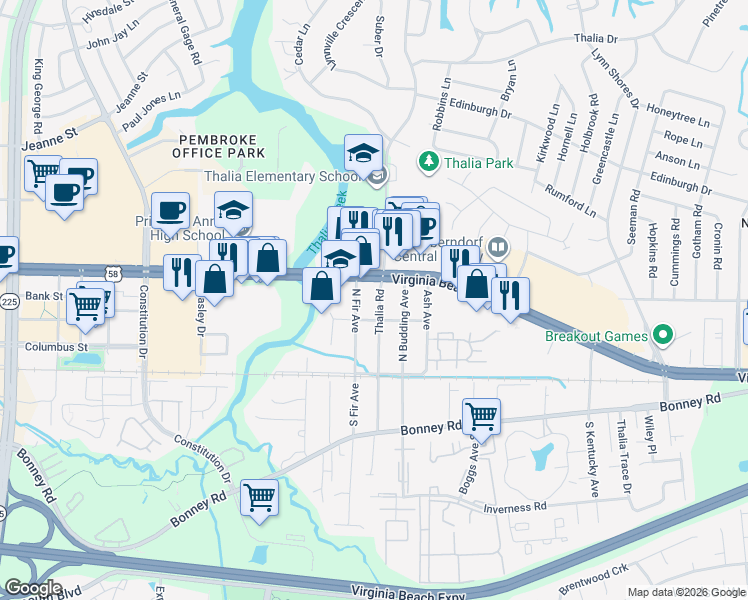 map of restaurants, bars, coffee shops, grocery stores, and more near 4317 Virginia Beach Boulevard in Virginia Beach