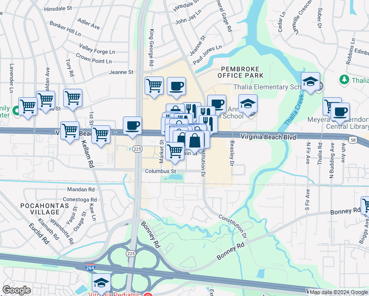 map of restaurants, bars, coffee shops, grocery stores, and more near 229 Town Center Drive in Virginia Beach