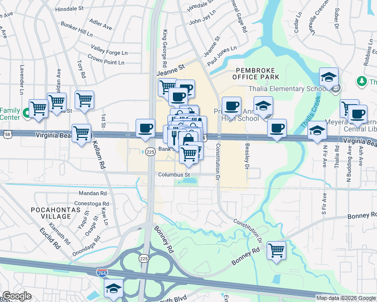 map of restaurants, bars, coffee shops, grocery stores, and more near 249 Central Park Avenue in Virginia Beach