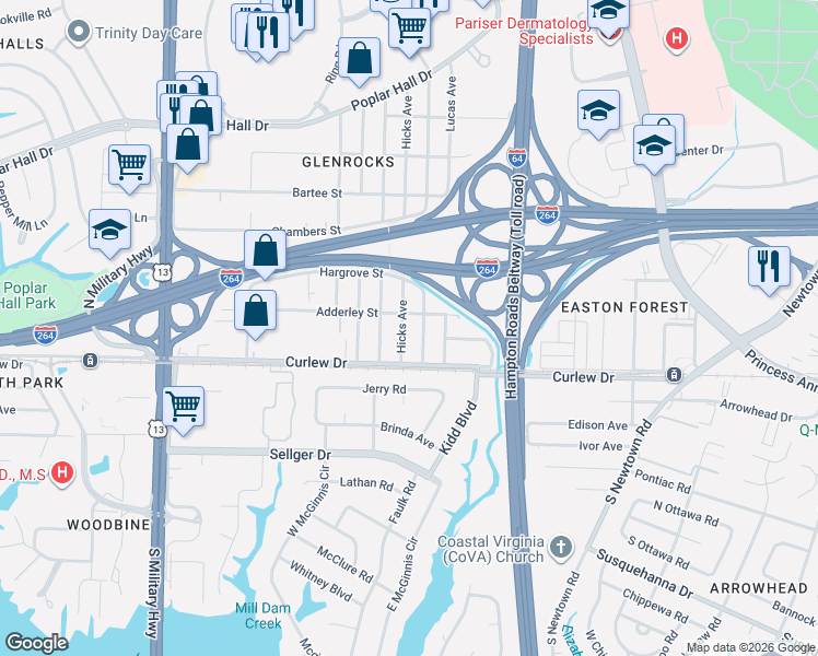 map of restaurants, bars, coffee shops, grocery stores, and more near 5960 Adderley Street in Norfolk