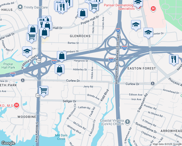 map of restaurants, bars, coffee shops, grocery stores, and more near 5920 Adderley Street in Norfolk