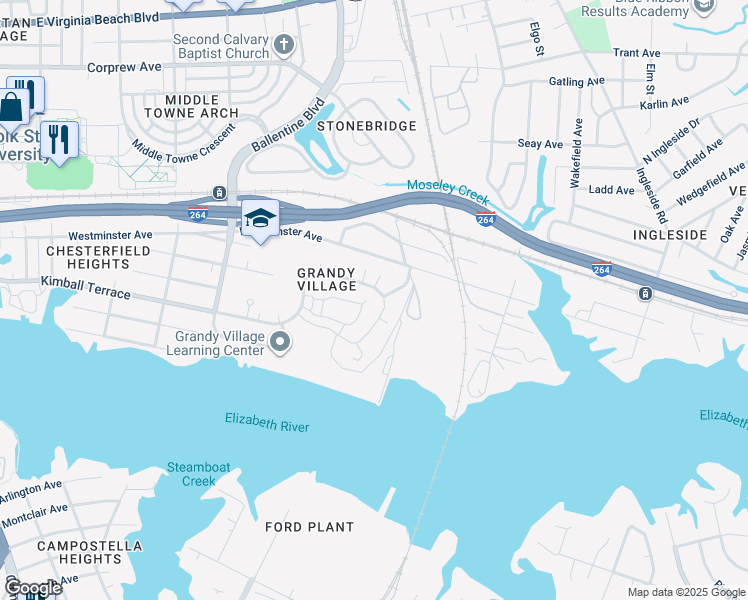 map of restaurants, bars, coffee shops, grocery stores, and more near 3351 Kimball Terrace in Norfolk