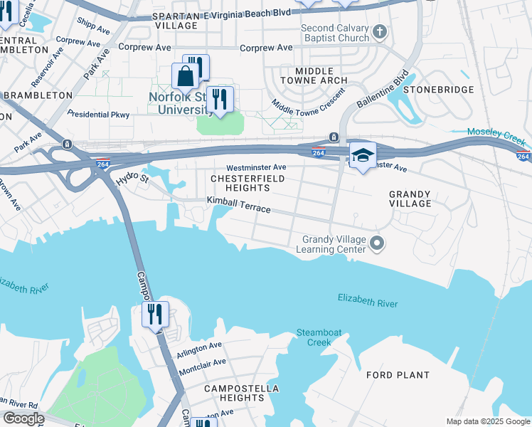 map of restaurants, bars, coffee shops, grocery stores, and more near 2708 Kimball Terrace in Norfolk