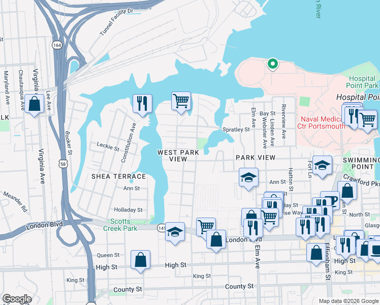 map of restaurants, bars, coffee shops, grocery stores, and more near 1608 McDaniel Street in Portsmouth