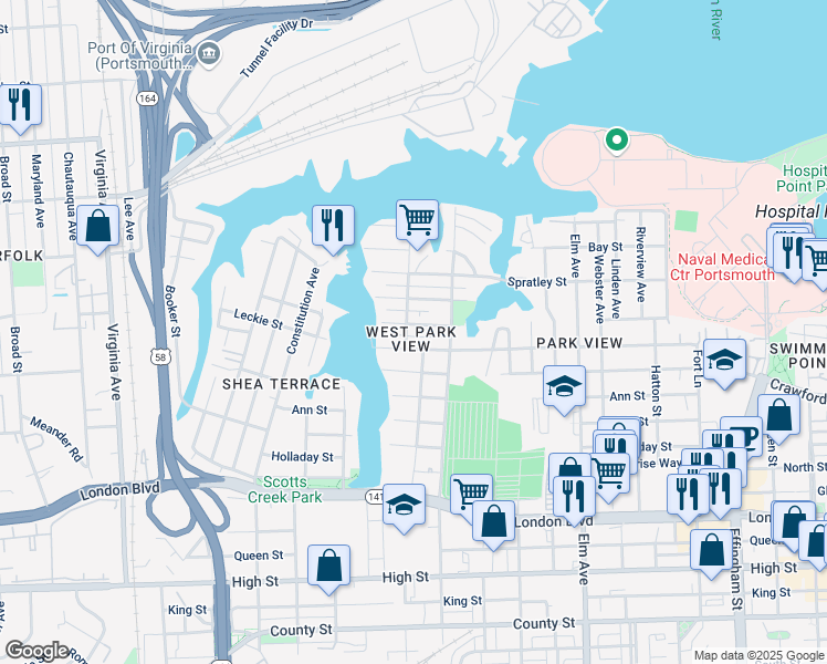 map of restaurants, bars, coffee shops, grocery stores, and more near 1708 McDaniel Street in Portsmouth