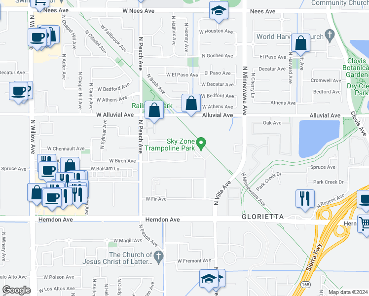 map of restaurants, bars, coffee shops, grocery stores, and more near 233 West Kelly Avenue in Clovis