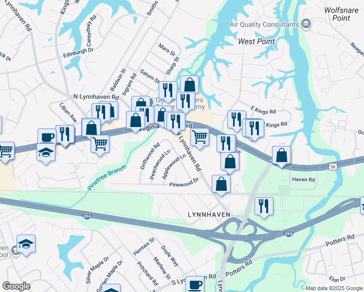 map of restaurants, bars, coffee shops, grocery stores, and more near 247 North Lynnhaven Road in Virginia Beach