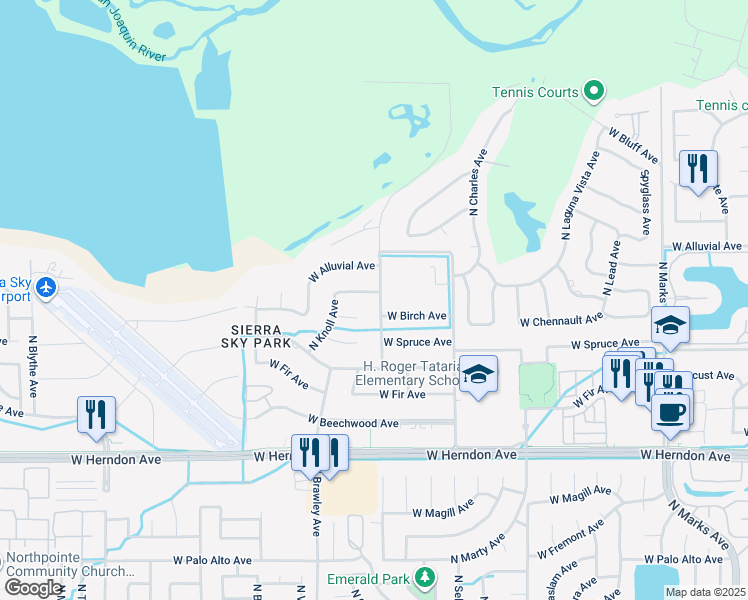 map of restaurants, bars, coffee shops, grocery stores, and more near 3687 West Minarets Avenue in Fresno